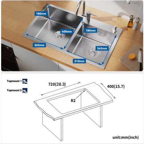 Fregadero cocina con 2 Senos, 75 x 45cm Fregadero de cocina de acero  inoxidable, Fregadero empotrado