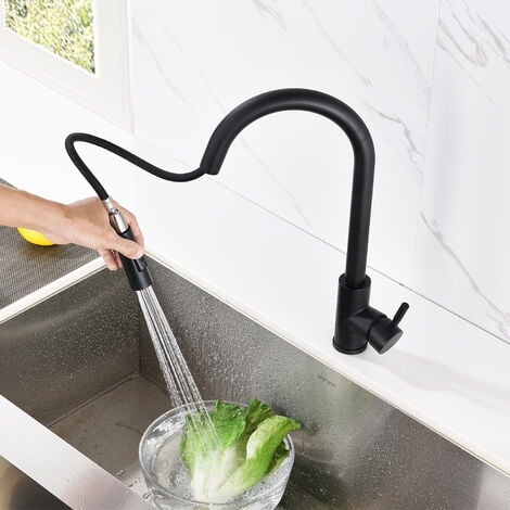 Negro Grifo de Cocina Extraíble con 2 Funciones, 360° Grifo de Fregadero Monomando Cocina en Acero Inoxidable, Mezclador de Fregadero Agua Frío y Calor Disponibles