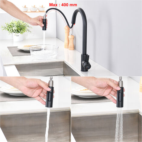 Negro Grifo de Cocina Extraíble con 2 Funciones, 360° Grifo de Fregadero Monomando Cocina en Acero Inoxidable, Mezclador de Fregadero Agua Frío y Calor Disponibles