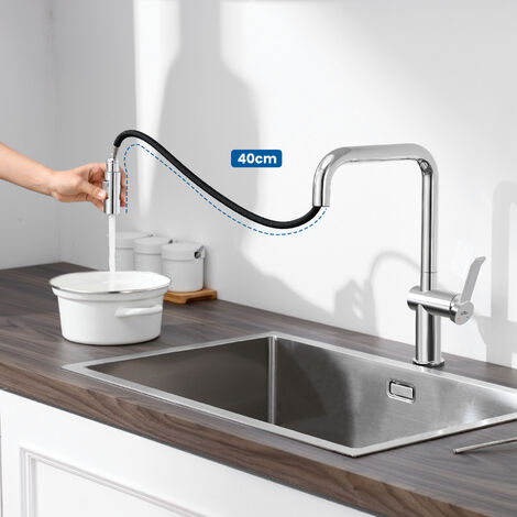 Auralum Grifo de Cocina Extraíble Chrom, 360° Giratorio Grifo Cocina de Acero inoxidable, Mezclador Monomando de Fregadero, Agua caliente y fría regulables