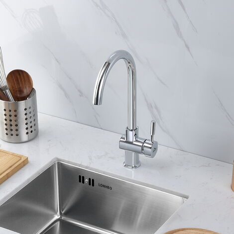 Clásico Grifo de Cocina con Giro de 360°Caño Alto Diseño Elegante Grifos de Fregadero Monomando en Latón y Cromado para Agua Caliente y Fría