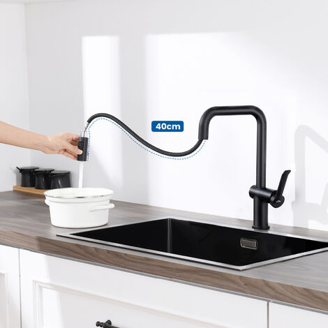 Auralum Grifo de Cocina Extraíble Negro, 360° Giratorio Grifo Cocina de Acero inoxidable, Mezclador Monomando de Fregadero, Agua caliente y fría regulables