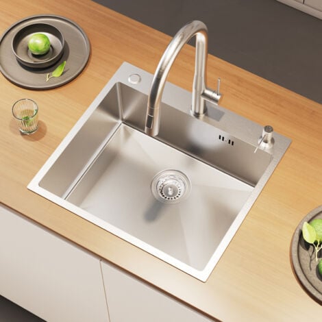 Fregadero de Cocina 1 Seno 55 x 45 x 18,5 cm Fregadero empotrado hecho a mano Acero Inoxidable Con Dispensador de Jabón y Desagüe y Sifón, Sobre Encimera o Encastrado
