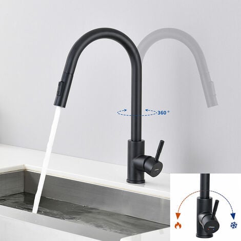 Lonheo Grifo de cocina fregadero cocina giratorio a 360° Mezclador monomando con Ducha Extraíble hasta 40cm, Negro