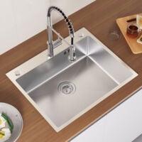 60 x 49 CM Fregadero de acero inoxidable, fregadero empotrado de cocina con sifón/manguera de desagüe, orificio de rebosadero