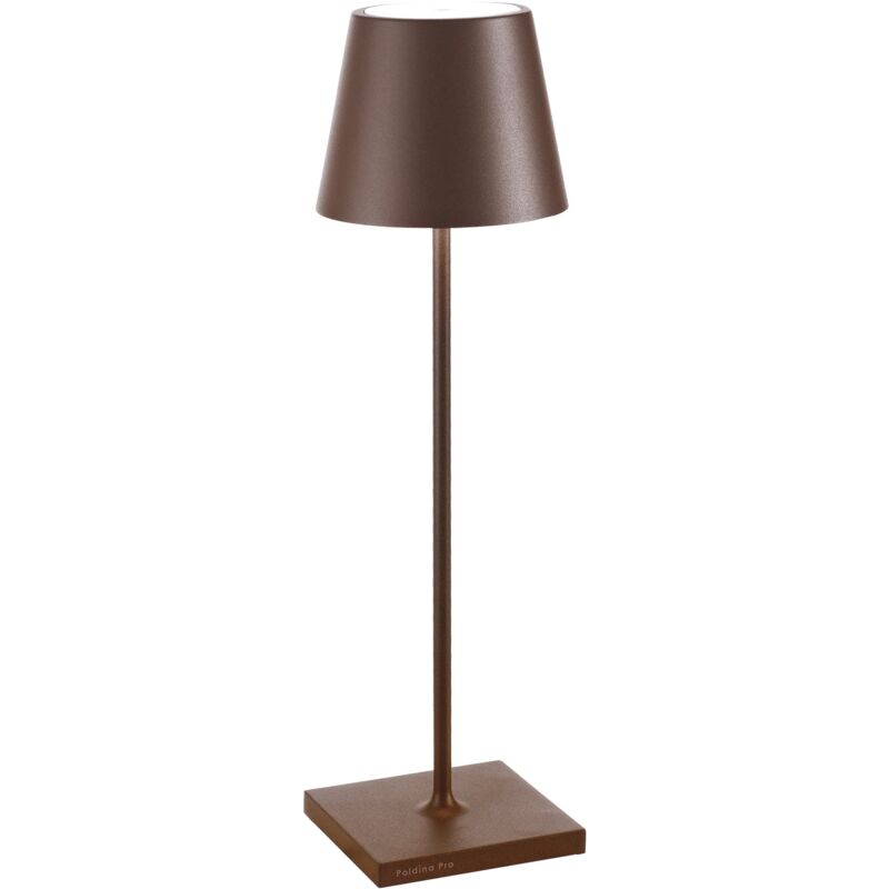 Lampe de table LED Poldina Pro Corten, rechargeable et dimmable avec une autonomie allant jusqu'à 12 heures. Pour usage externe IP65