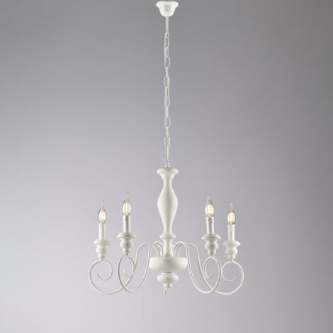 Cascina Lustre Shabby En Bois Laqué Blanc Et Fer 5 Lumières 115 D.60 Bl265-5-Bco