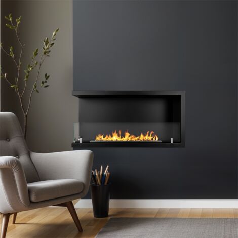Divina Fire – Cheminée bioéthanol encastrable d'angle 90x45 – Brûleur inox 1,5L – Surface chauffée jusqu'à 30m² – Installation murale