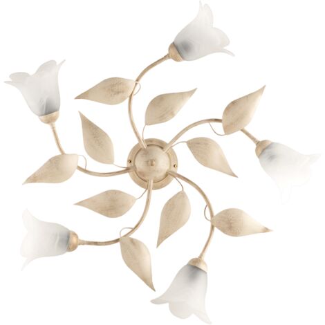 Plafonnier Olga Fer Ivoire, Déco Or Antique, Verre Albâtre D.14, 5 Lumières D.70 Cm Look Classique Raffiné (1/2)