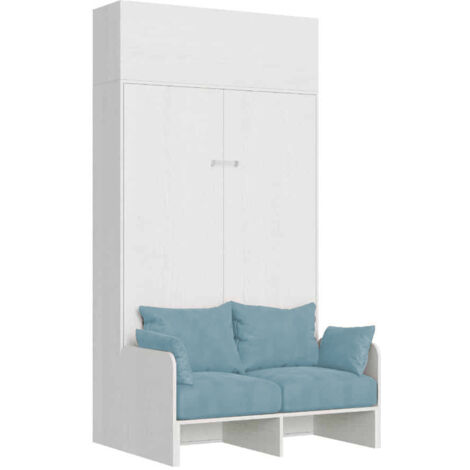 Lit Double Escamotable Français Kentaro 140 Cm Avec Canapé Et Élément Mural En Frêne Blanc, Bleu Clair (1/5)