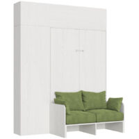 Lit double escamotable français Kentaro 140 cm avec canapé et meubles en frêne blanc, vert