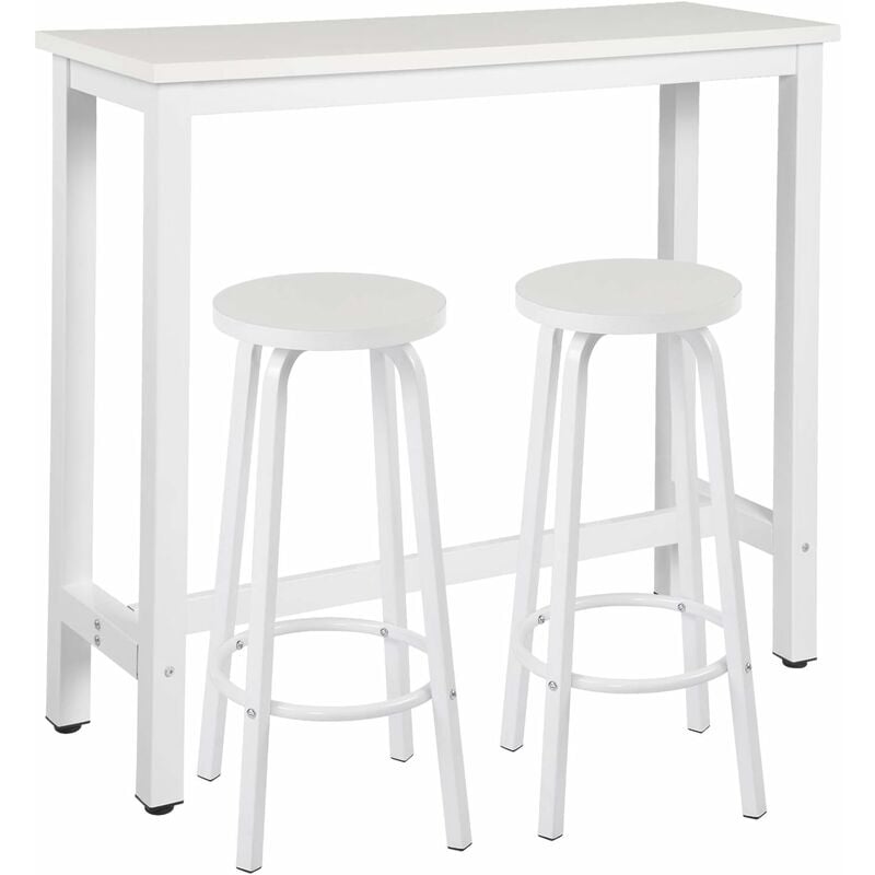 Woltu Set Mesa de bar y 2 uds. taburete muebles cocina bistro silla comedor para salon estructura metal mdf 120x40x100cm blanco bt17ws+bh237ws2