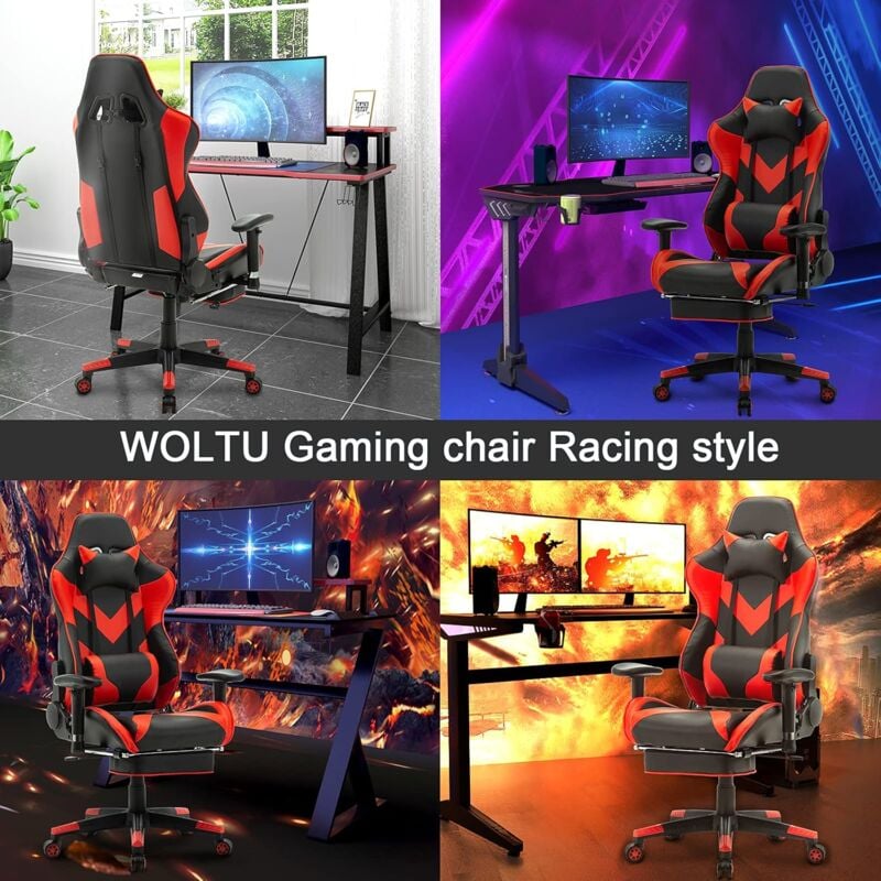 Silla gaming ergonómica de oficina con reposapies extensible e inclinación  de hasta 135° color negro y azul Songmics