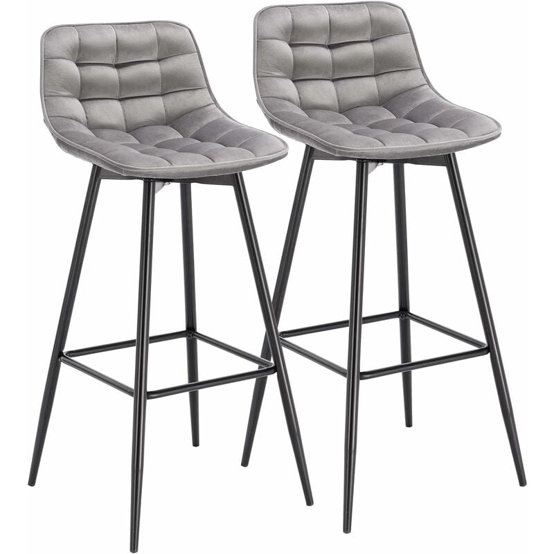 Woltu 2x Taburete de bar con respaldo paquete 2 marco metal muebles cocina asiento terciopelo alto sillas alta gris claro bh143hgr2