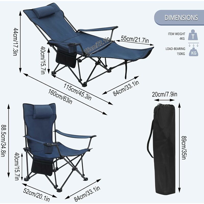 WOLTU-silla plegable para acampar y pescar, sillón ligero para exteriores  con reposacabezas, portavasos, bolsa de transporte de almacenamiento para  senderismo, Picnic y playa
