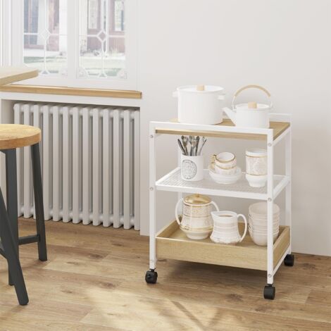 WOLTU Mesa Auxiliar con Multienchufe Carrito Auxiliar con Ruedas y Frenos Mesita de Noche para Salón Dormitorio Blanco+Roble Claro