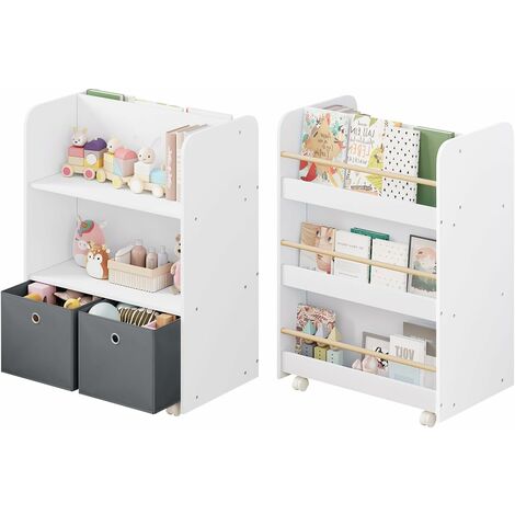 WOLTU Children's Bookstore 2 y 1 Armario de dormitorio para niños con ruedas. Con 3 estantes y perchas blancas