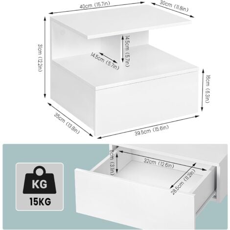 WOLTU colgando mesitas de noche. Mesita de noche del dormitorio. con 1 cajón y 1 compartimento abierto. Armarios de dormitorio modernos. Pared fija. 40x35x31 cm. Hecho de madera Blanco