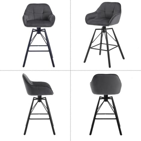 WOLTU 4x Taburetes de Bar de Terciopelo y Cuero Patas de Metal con reposabrazos y Respaldo Taburetes de Cocina Giratorios para Desayuno Silla Nueva Gris Oscuro