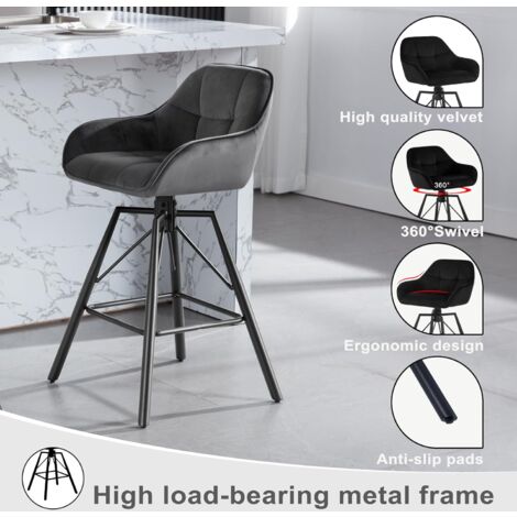 WOLTU 4x Taburetes de Bar de Terciopelo y Cuero Patas de Metal con reposabrazos y Respaldo Taburetes de Cocina Giratorios para Desayuno Silla Nueva Gris Oscuro