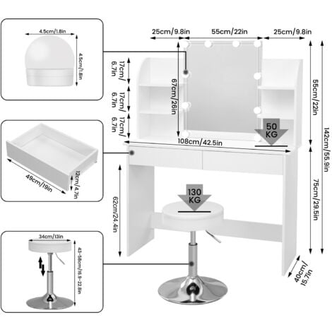 WOLTU Mesa de Cosméticos 108x40x142cm, Tocador con 2 Cajones y 4 Estantes, con Luz de Maquillaje, Gabinete de Maquillaje Moderno, Blanco