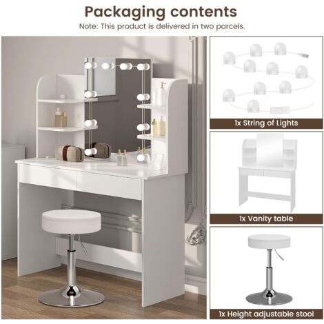 WOLTU Mesa de Cosméticos 108x40x142cm, Tocador con 2 Cajones y 4 Estantes, con Luz de Maquillaje, Gabinete de Maquillaje Moderno, Blanco