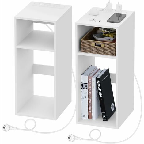 WOLTU 2x Mesita de Noche con Puertos USB y Tomas de Corriente, Mesita de Noche Multifuncional para Salón y Dormitorio, con 2 Compartimentos Abiertos