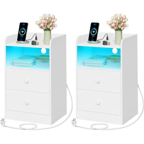 WOLTU 2x Mesita de Noche Moderna para Dormitorio, con Enchufes, Puertos USB y Luces LED, Mesa de Centro con 1 Tablero, 1 Compartimento y 2 Cajones Blacno