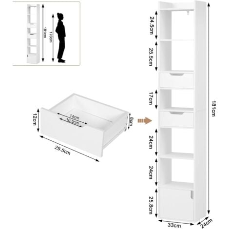 WOLTU Librería, Librería alta con 6 estantes abiertos y 1 compartimento con puerta, Estante para oficina o dormitorio, Blanco