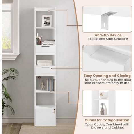 WOLTU Librería, Librería alta con 6 estantes abiertos y 1 compartimento con puerta, Estante para oficina o dormitorio, Blanco