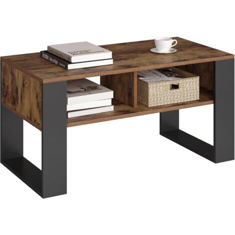 WOLTU Mesa de Centro con 2 Compartimentos Abiertos - Mesa de Centro Marrone Rústico + Negro, 90x45x45cm