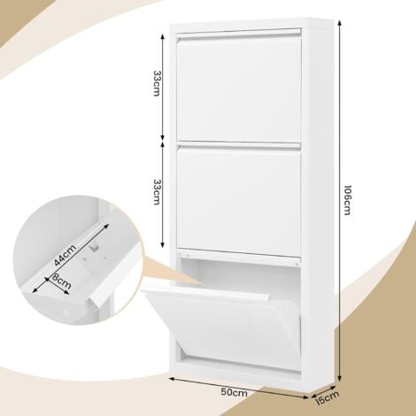 WOLTU Zapatero 3 Puertas Estantes Metálicos 50x15x106cm Blanco