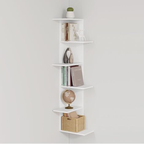WOLTU Estantería para libros, estantes esquineros modernos de pared, 6 estantes esquineros blancos, 37x37x140cm