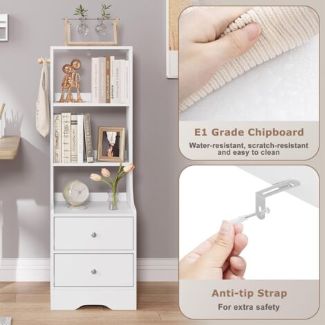 WOLTU 1x Mesita de Noche con Cajonera para Dormitorio Mesitas de Noche Blancas con 3 Estantes y 2 Cajones, Blanco