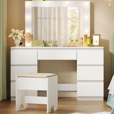 WOLTU Tocador con Espejo, Mesa de Maquillaje con 7 cajones y Taburete de Almacenamiento, estación de Maquillaje, Blanco
