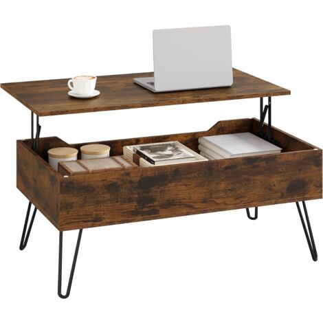 WOLTU Mesa de centro elevable 95x50x(40-55,5) cm con compartimento oculto, marrón rústico + negro