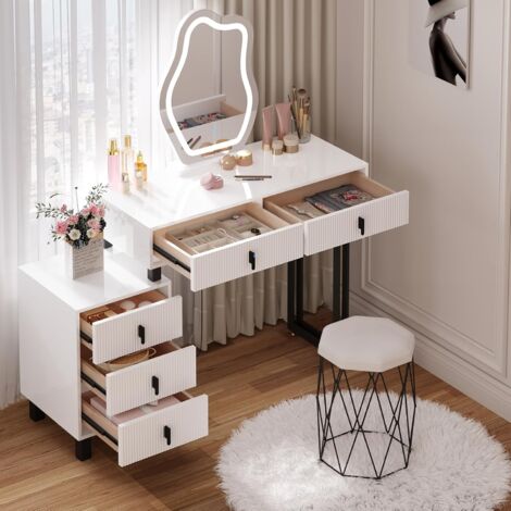 WOLTU Mesa de Cosméticos, Tocador con Taburete + Luz de Maquillaje, Gabinete de Maquillaje Moderno - Blanco y Negro