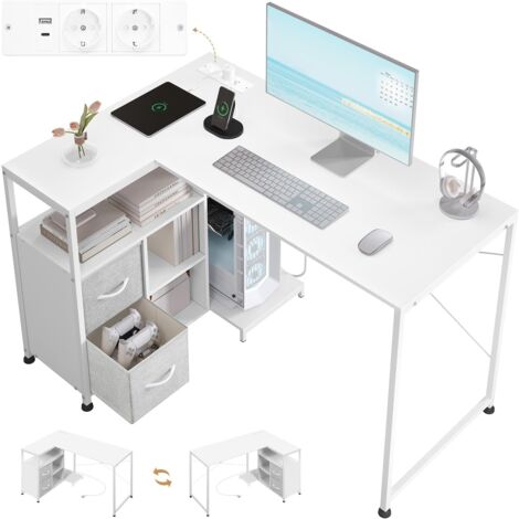 WOLTU Escritorio en forma de L, soporte para PC, mesa para ordenador, con tomas USB-A Typ-C, blanco