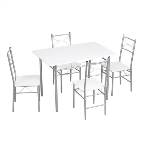 WOLTU Juego de mesa industrial y 4 sillas, blanco + plateado