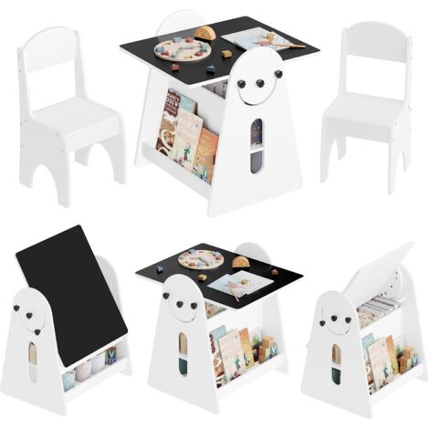 Woltu – Juego de mesa y sillas infantiles con caballete – 2 sillas – Espacio de almacenamiento – Diseño seguro y estable – Color blanco (1/5)