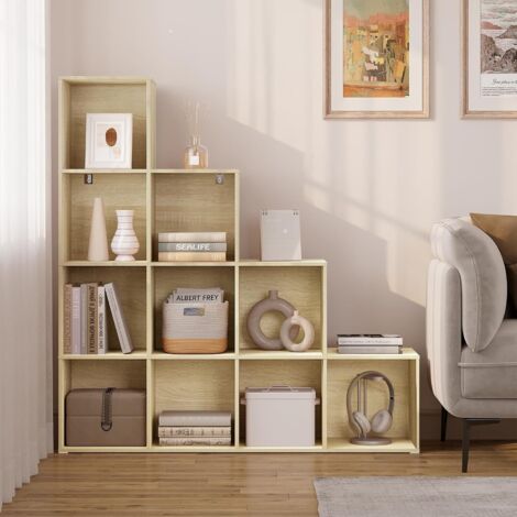 WOLTU Estantería de Escalera, Armario de Almacenamiento con 10 Cubos, Armario de Madera, Estante Independiente para Estudio, salón, Dormitorio, Roble Claro