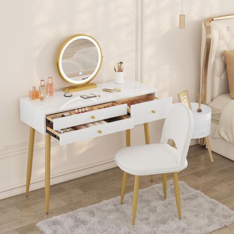 WOLTU Tocador de Maquillaje con Taburete y Espejo LED. Estación de maquillaje con luces ajustables. 3 cajones. Silla de Terciopelo con Respaldo. en Madera y Metal. Blanco + Crema + Oro