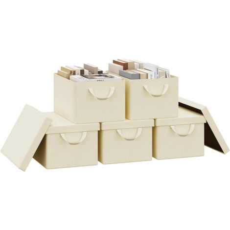 WOLTU Set de 5 Cajas de Almacenaje Cesta Contenedora Plegable Cesta con Asas en Tela Crema 51L