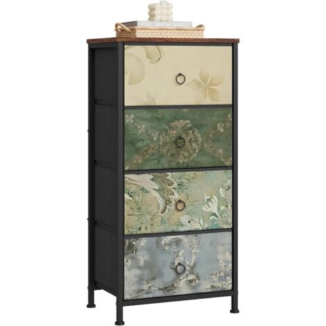 WOLTU Cómoda con 4 cajones, cómoda de tela, estructura de metal, tablero de madera E1, marrón rústico y negro con estampado de flores retro