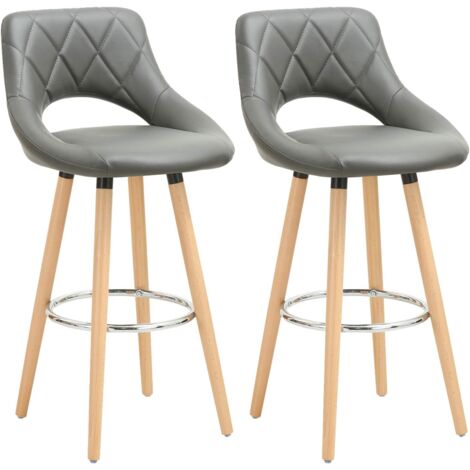 WOLTU Juego de 2 taburetes de bar con respaldo y reposapiés, de piel sintética y madera maciza, asiento acolchado, 43 x 43 x 91 cm, color gris
