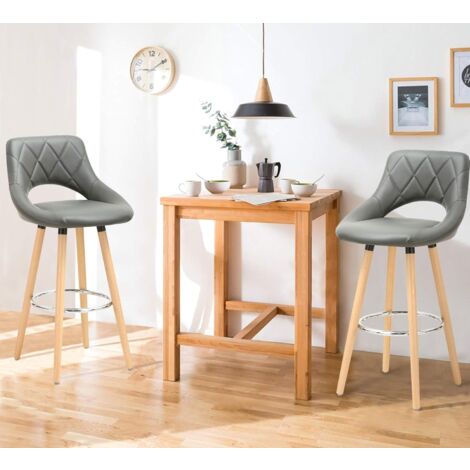 WOLTU Juego de 2 taburetes de bar con respaldo y reposapiés, de piel sintética y madera maciza, asiento acolchado, 43 x 43 x 91 cm, color gris