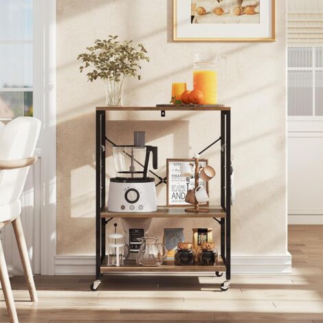 WOLTU Estante de cocina con ruedas, carrito de servicio de 3 niveles, rejilla para horno microondas y tostadora, estructura de metal con 4 ganchos, marrón rústico y negro