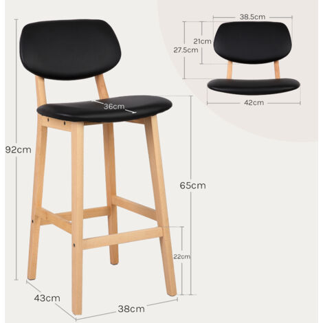 WOLTU Juego de 2 taburetes de Bar Bien Acolchado Asiento y Respaldo de Cuero Artificial Silla de Diseño Madera Negro