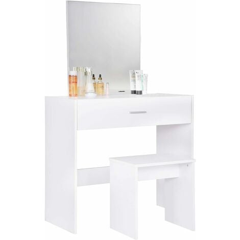 Tocador mesa maquillaje cajones MDF madera blanco escritorio con LED +  taburete