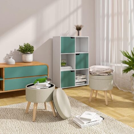 WOLTU Taburete Redondo Puff Caja de Almacenamiento Taburete de Almacenamiento Asiento para Dormitorio Tapa Extraíble Asiento de Lino/Terciopelo con Patas Madera Maciza (Crema Lino)
